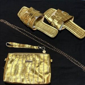 Gold Croc-Embossed Women's Bag and Sandals Set
